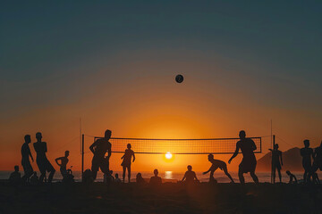 Fototapeta na wymiar Silhouette of people playing beach volleyball at sunset