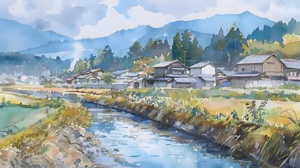 Serene Watercolor Landscape of a Sustainable River Village Nestled in the Mountains