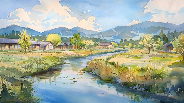 Serene Watercolor Painting of an Eco-Friendly Village Nestled by a Flowing River