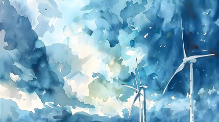 Watercolor Windswept Turbines Amidst Tempestuous Skies - obrazy, fototapety, plakaty
