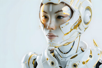 AI robot woman on white background.