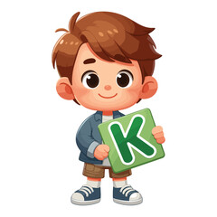 cartoon cute happy Little boy holding alphabet letter K