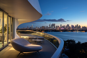 Fototapeta premium Twilight elegance, a balcony overlooks a dazzling city skyline. Generative AI.