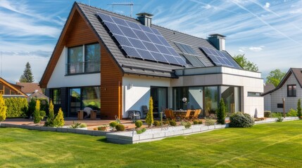 This modern passive house is complemented by a landscaped yard, with solar panels adorning the gable roof to maximize energy efficiency - obrazy, fototapety, plakaty