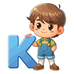 cartoon cute happy Little boy holding alphabet letter K