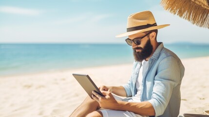 A handsome businessman, man with beard, in straw hat, shirt, sunglasses sitting and using a tablet on the white sand on the beach. Summer, Holidays, The Sea. Horizontal Business Banner with copy space