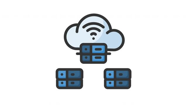 Animated server connection with cloud and servers connected. Perfect for web hosting, cloud computing, technology concepts, IT infrastructure, data storage and networking illustrations