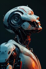 superrealistic photo of a modern robot looking up, frontal proection, its head also raised up - obrazy, fototapety, plakaty