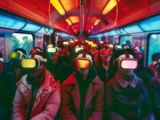 crowd in train where each and everyone is wearing an apple vision pro VR headset, cinematic, colorful , 35mm film photo - obrazy, fototapety, plakaty