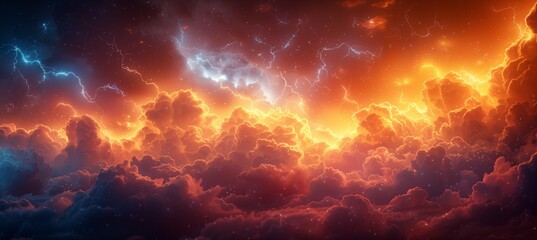 A painting of fiery clouds against a red sky at dawn or dusk - obrazy, fototapety, plakaty
