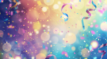 Colorful, festive ribbons and confetti floating in a vibrant blurred bokeh background