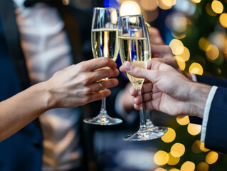 Closeup of couple toasting champagne in celebration