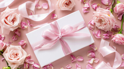 Overhead view of a white gift wrapped in pink ribbon with pink roses surrounding