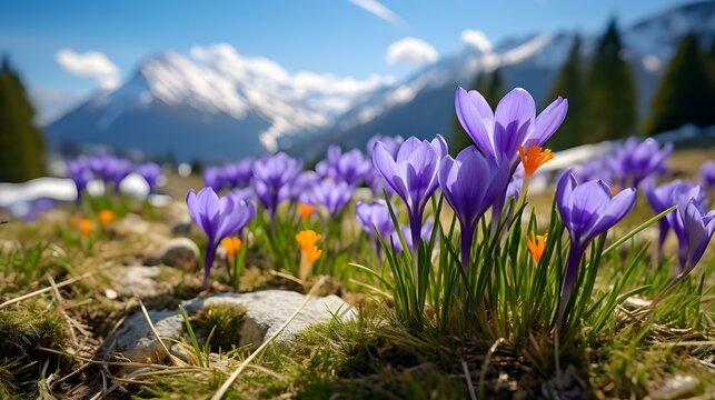 Violet crocuses in the mountains close view under sunbeams picture is aigenerated illustration
