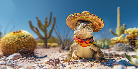 Fancy-dressed iguana posing with sombrero in sun-drenched desert. Generative AI.