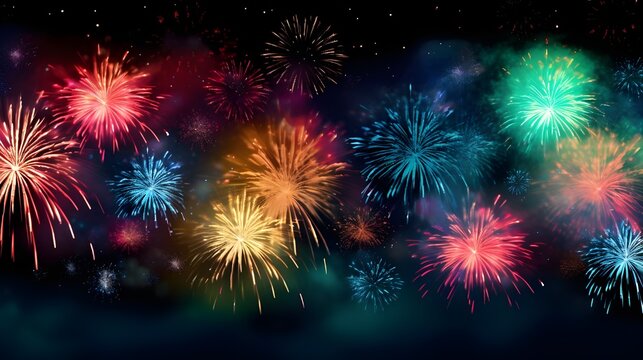  colorful fireworks on black background for festive celebration and decorative poster banner and greeting card design element . generative AI Pro Photo
