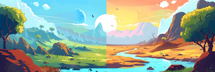 Gaming scenes and landscapes, simple minimalistic, no shading, doodle, simple colours