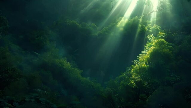 A vibrant green forest scene with rays of sunlight shining through the trees. This image represents the heart chakra symbolizing love compassion and connection to nature.