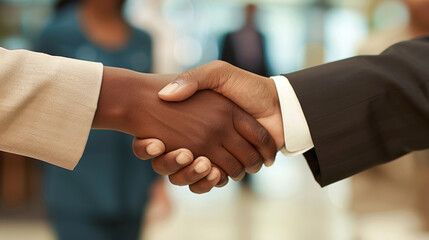 Two individuals engage in a firm handshake.