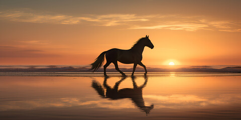horse on sunset, Horse walking on the beautiful beach sunrise, Generative AI