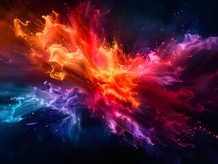 A captivating and energetic visual experience is evoked by dynamic abstract art featuring flowing liquid forms and particles in vibrant colors.