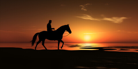sunset on the beach, Silhouette of horse running on water with sunset sky, Sunset and horses, Generative AI
