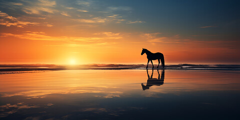 Naklejka premium sunset on the beach, Black silhouette of a horse walking on water against a sunset background, dawn silhouette of a horse, Generative AI