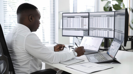 A man sits at a desk with multiple monitors displaying data, a laptop, and financial documents.