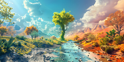 Vibrant and colorful spring landscape for a poster, Diwali symbols festival of light and truth, 
