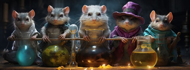 The Rat Alchemist Guilds, brewing dreamy potions that transform baby wildlife into celestial beings,  - obrazy, fototapety, plakaty
