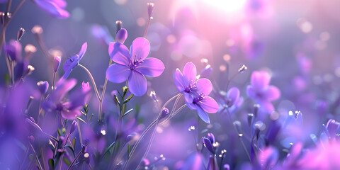 Purple flowers in a field with bokeh lights in the background, Wildflower Serenity Beautiful Blue Blooms in Outdoor Wonderland, 

