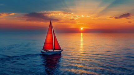 Sailboat Sailing in the Ocean at Sunset - obrazy, fototapety, plakaty