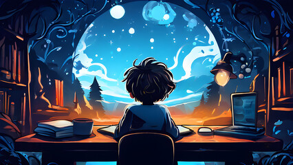A boy studying at a desk,Generative AI