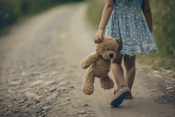 Girl holding her teddy bear in her hand along a road, about to abandon it, concept of stages of life growth