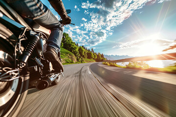 Fast motorcycle riding on a coastal road - obrazy, fototapety, plakaty