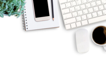 keyboard and coffee on desktop in office