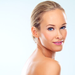 Fototapeta premium Portrait, makeup and skincare of woman, beauty or shine for health isolated on a white studio background mockup. Face, glow and blonde model in cosmetics for facial dermatology, wellness or aesthetic