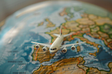Toy jet airplane on a globe map