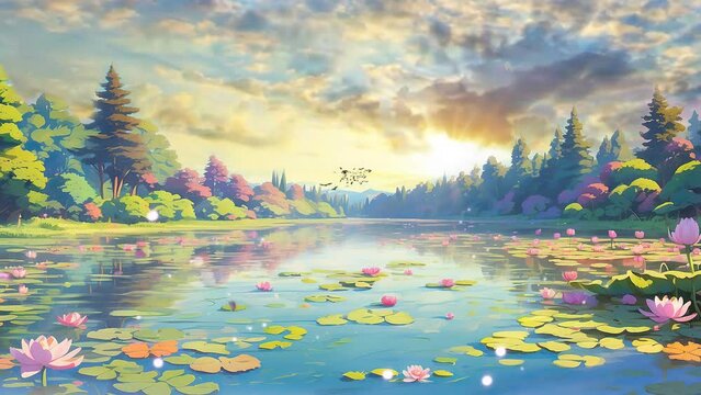 Step into the tranquil oasis of a lake surrounded by lush foliage and colorful flowers, where butterflies dance amidst the shade of trees, all in breathtaking 4K video loop footage