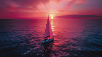 Sailboat Sailing in the Ocean at Sunset - obrazy, fototapety, plakaty