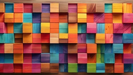 Colorful wood block stack on the wall for background Abstract colorful wood texture