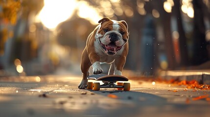 Skateboarder Paws: British Bulldog Shreds the Streets - obrazy, fototapety, plakaty