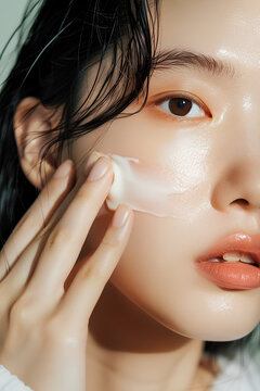 
Studio close-up photo of clean skinned Korean female cosmetics model with long black hair applying cream to face