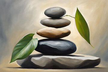 Zen stones balanced with leaf. Rendering of five stacked stones balanced with a piece of leaf