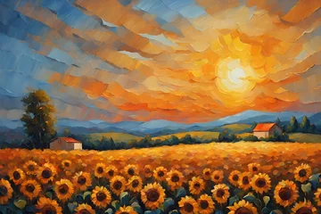 Foto auf Acrylglas Antireflex Sunflower flower blossom. Oil painting of a rural sunset landscape with a golden sunflower field. Warm light of the sunset and hill color in orange and blue color at the background © superbphoto95