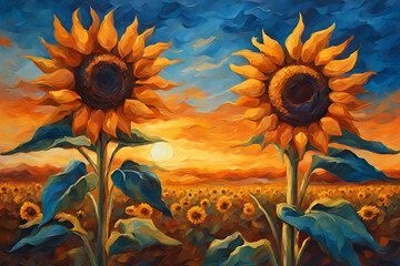 Sunflower flower blossom. Oil painting of a rural sunset landscape with a golden sunflower field....