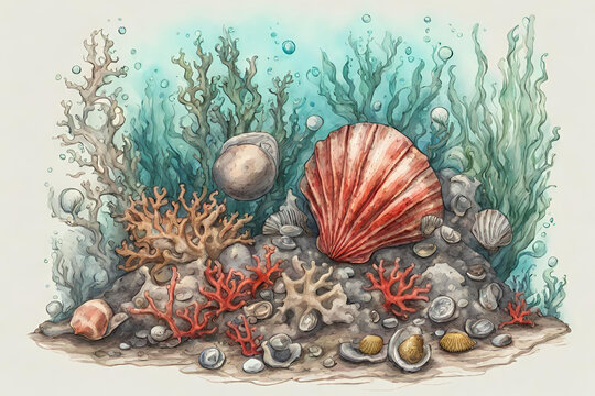 Underwater still life with shells and corals. Hand drawn colored sketch of underwater junk such as shells small coins peebles red corals green algae and air bubbles