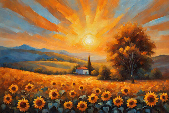 Sunflower flower blossom. Oil painting of a rural sunset landscape with a golden sunflower field. Warm light of the sunset and hill color in orange and blue color at the background