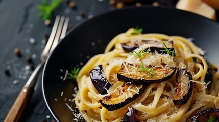 pasta linguine with eggplant and parmesan cheese, dark background