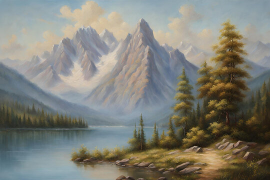The landscape oil painting of mountain trees and lake